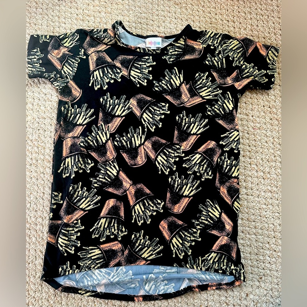 Lularoe Kids Black and Gold French Fry Shirt Sz 12